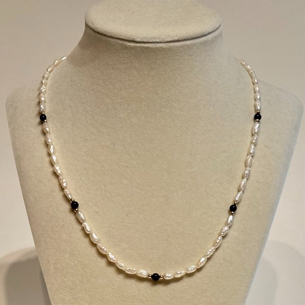 Freshwater Rice Pearl 14K Yellow Gold Black Onyx Beaded Station Necklace 18.5"